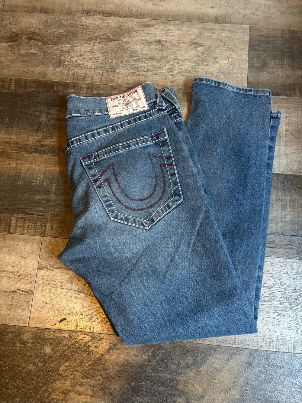 True Religion Men's Blue Straight-Leg Jeans with Red Stitching